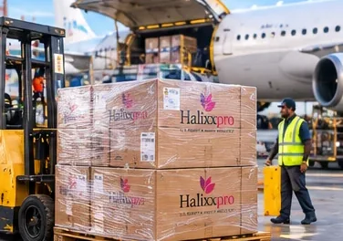A shrink-wrapped Halixxpro pallet being loaded for air freight